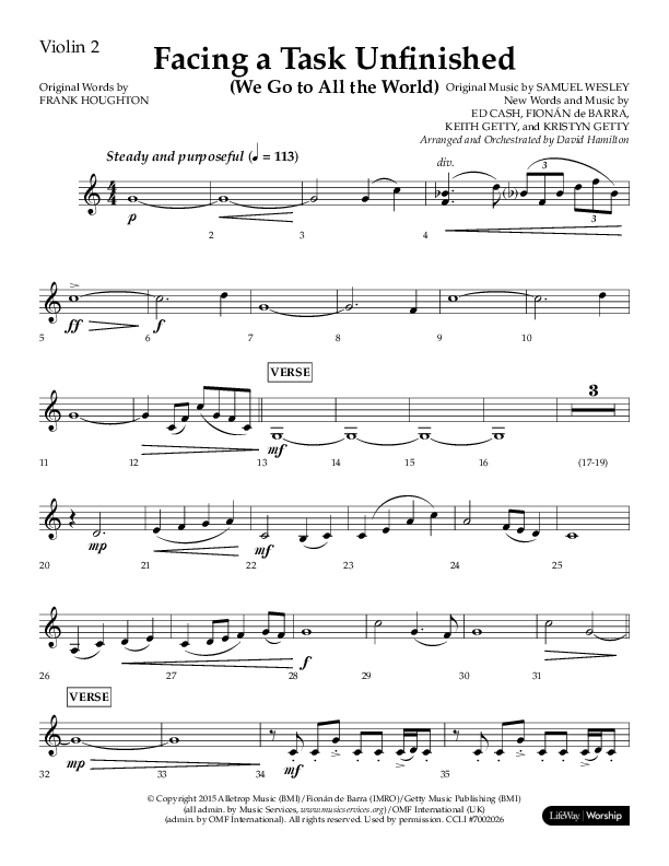 Facing A Task Unfinished (Choral Anthem SATB) Violin 2 (Lifeway Choral / Arr. David Hamilton)