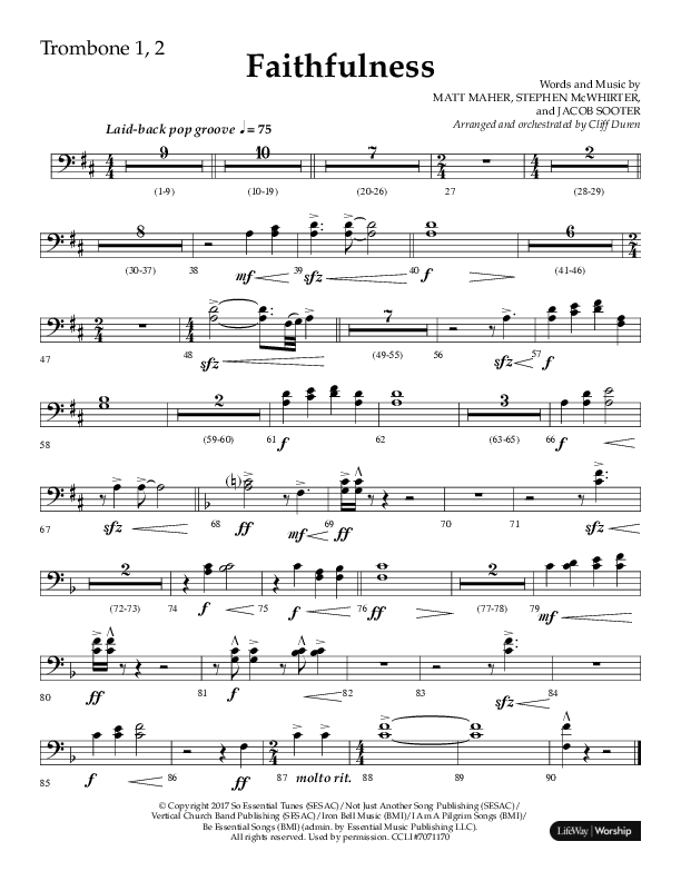 Faithfulness (Choral Anthem SATB) Trombone 1/2 (Lifeway Choral / Arr. Cliff Duren)