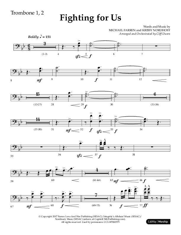 Fighting For Us (Choral Anthem SATB) Trombone 1/2 (Lifeway Choral / Arr. Cliff Duren)