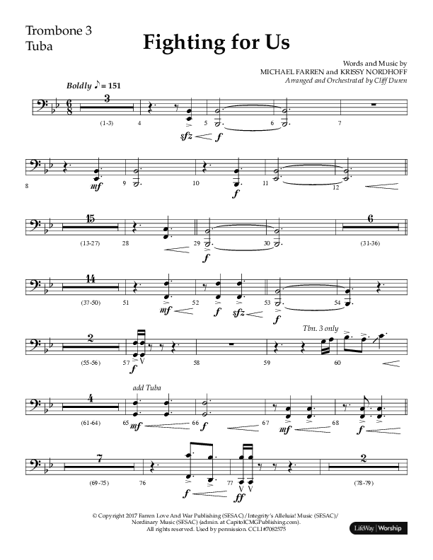 Fighting For Us (Choral Anthem SATB) Trombone 3/Tuba (Lifeway Choral / Arr. Cliff Duren)
