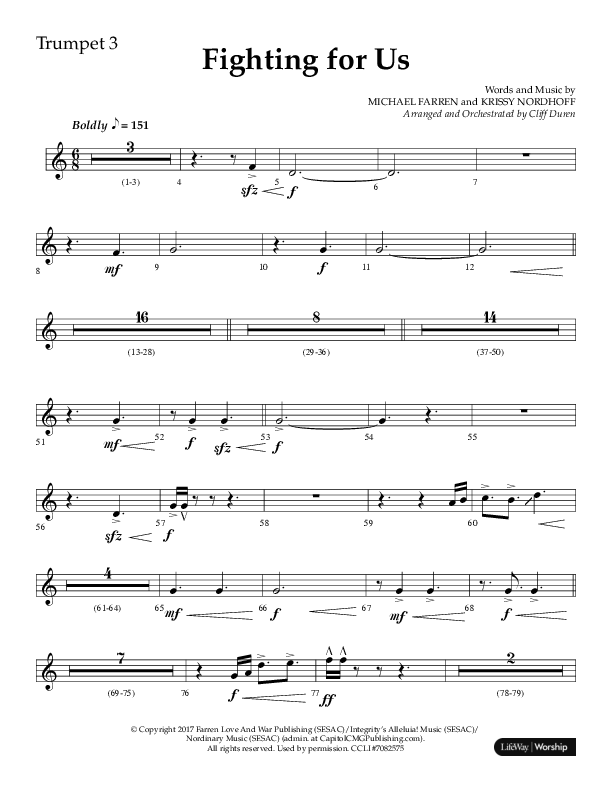 Fighting For Us (Choral Anthem SATB) Trumpet 3 (Lifeway Choral / Arr. Cliff Duren)