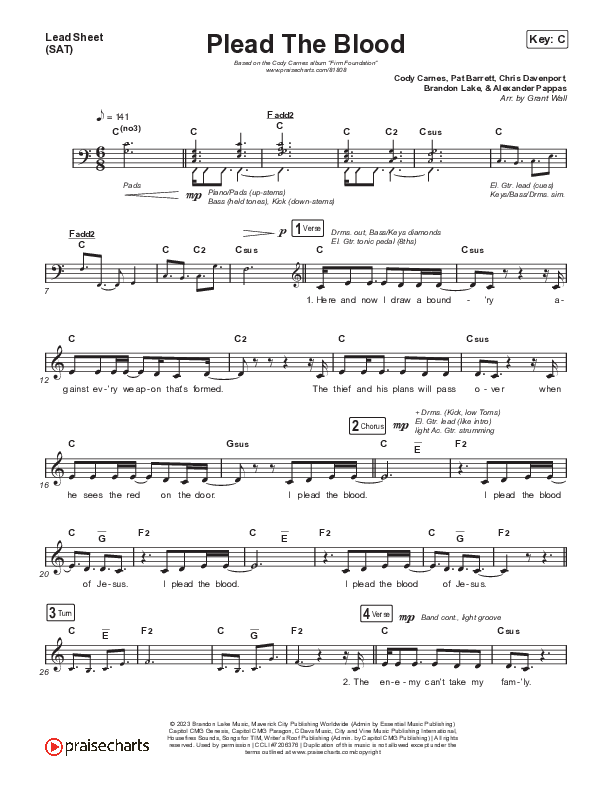 Plead The Blood (Live) Lead Sheet (SAT) (Cody Carnes)