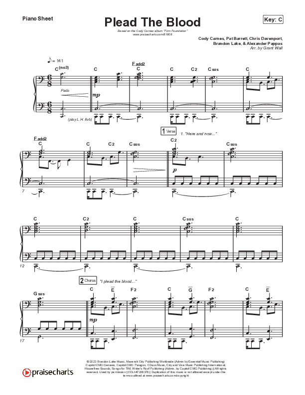 Plead The Blood (Live) Piano Sheet (Cody Carnes)