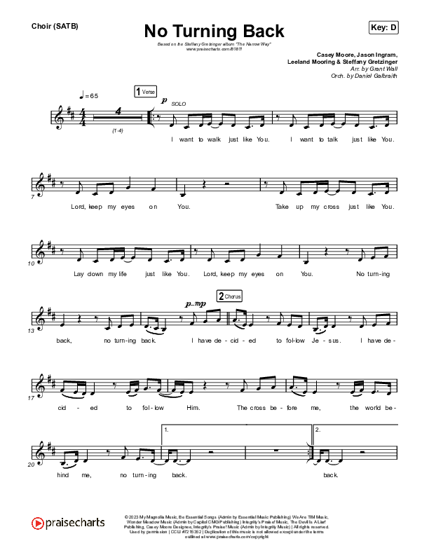 No Turning Back Choir Sheet (SATB) (Steffany Gretzinger / Leeland)