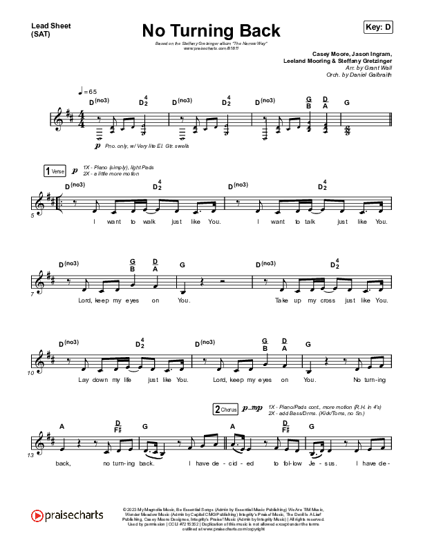 No Turning Back Lead Sheet (SAT) (Steffany Gretzinger / Leeland)