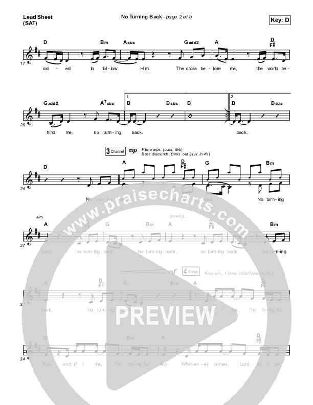 No Turning Back Lead Sheet (SAT) (Steffany Gretzinger / Leeland)