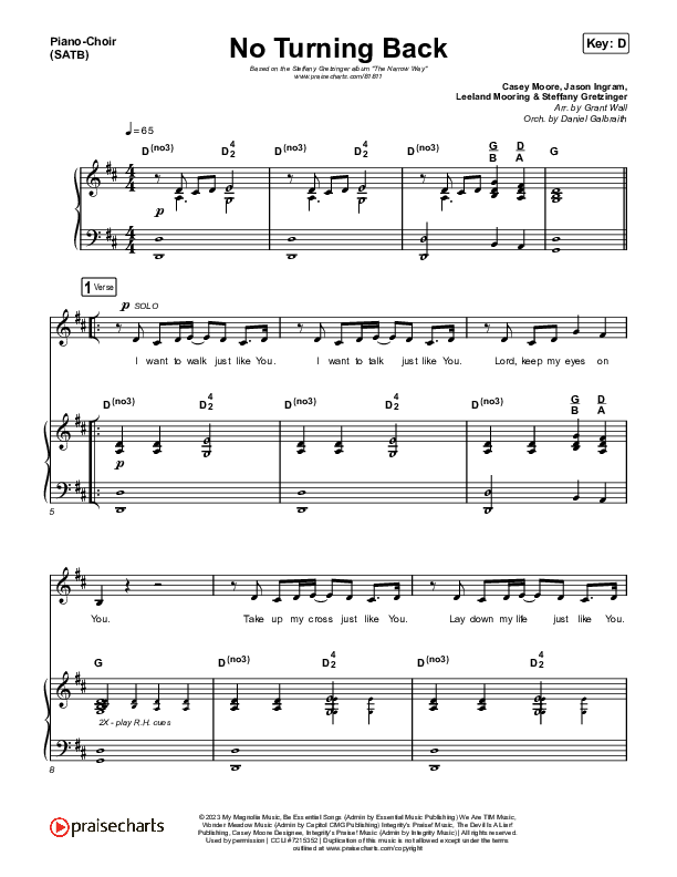 No Turning Back Piano/Vocal (SATB) (Steffany Gretzinger / Leeland)