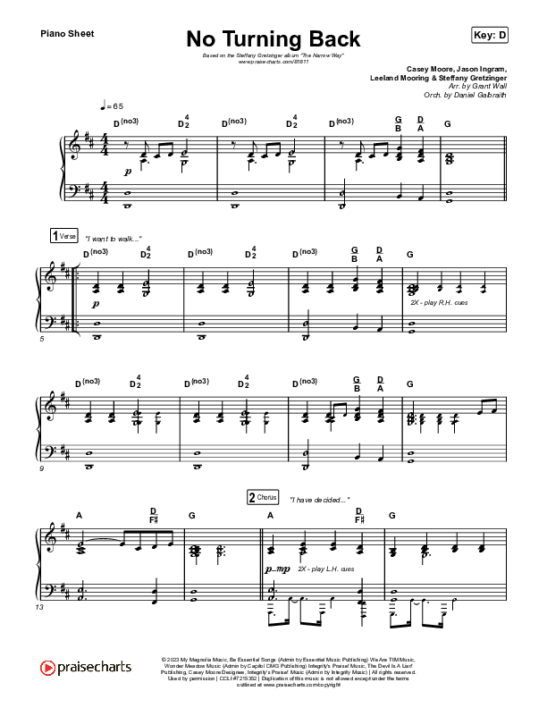 No Turning Back Piano Sheet (Steffany Gretzinger / Leeland)
