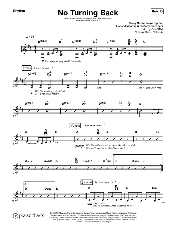 No Turning Back Rhythm Chart (Steffany Gretzinger / Leeland)