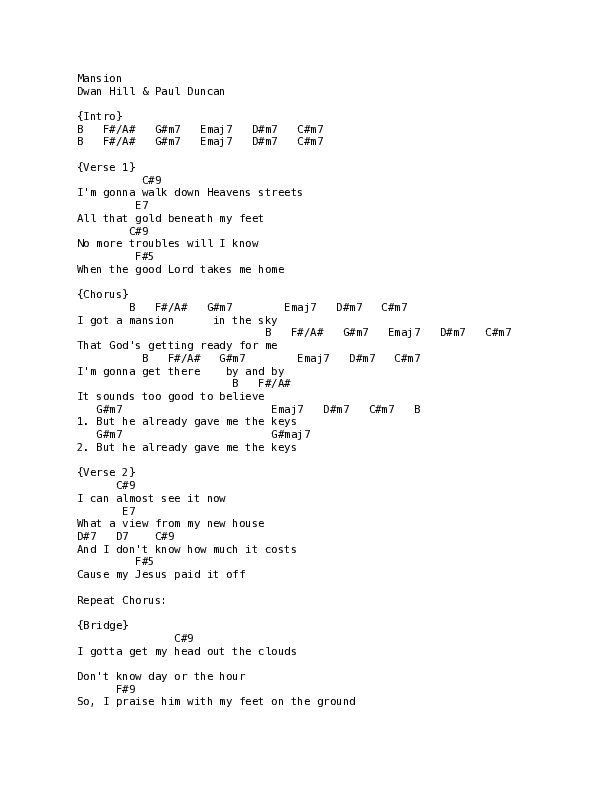 Mansions Chord Chart (Dwan Hill)