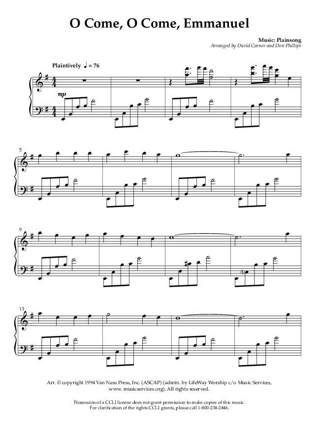 O Come O Come Emmanuel (Instrumental) Piano Solo (Lifeway Worship / Arr. David Carnes / Arr. Don Phillips)