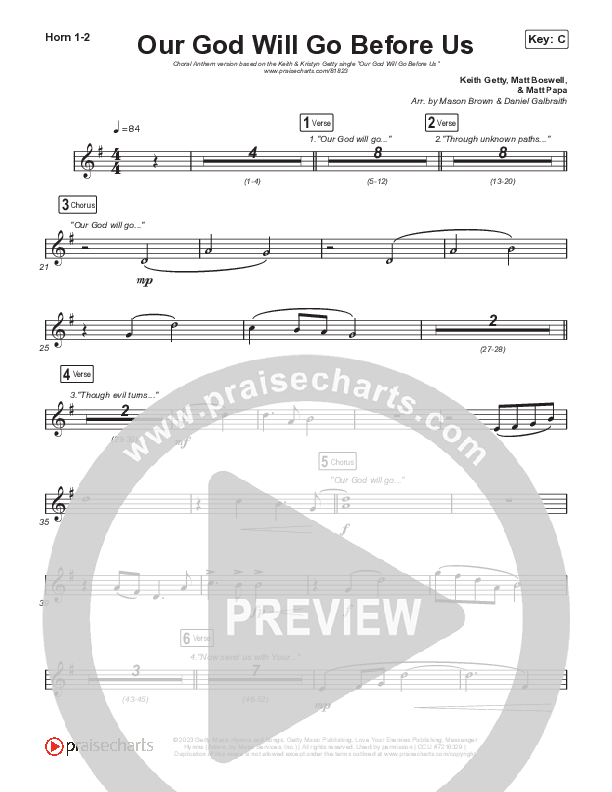 Our God Will Go Before Us (Choral Anthem SATB) French Horn 1,2 (Keith & Kristyn Getty / Matt Boswell / Matt Papa / Arr. Mason Brown)
