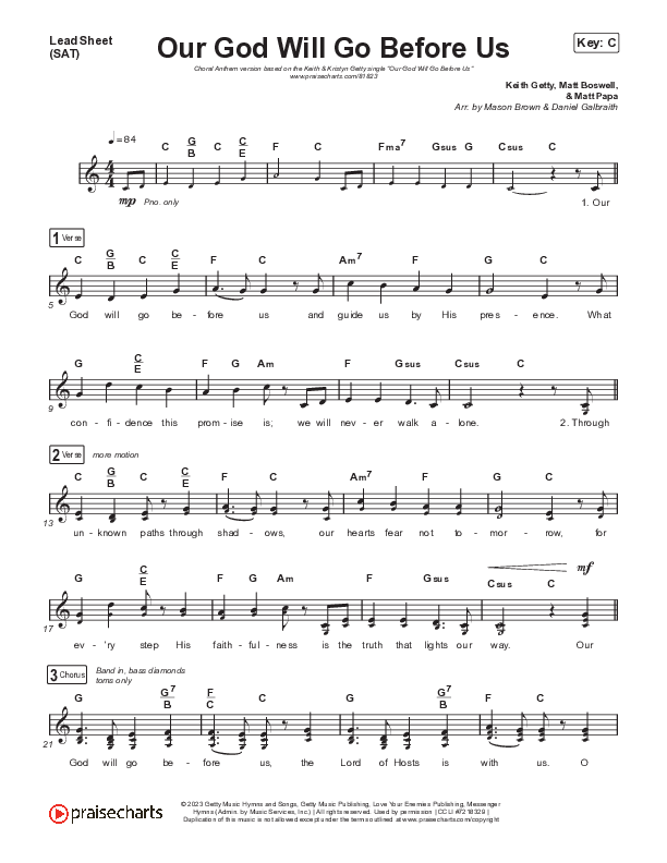 Our God Will Go Before Us (Choral Anthem SATB) Lead Sheet (SAT) (Keith & Kristyn Getty / Matt Boswell / Matt Papa / Arr. Mason Brown)