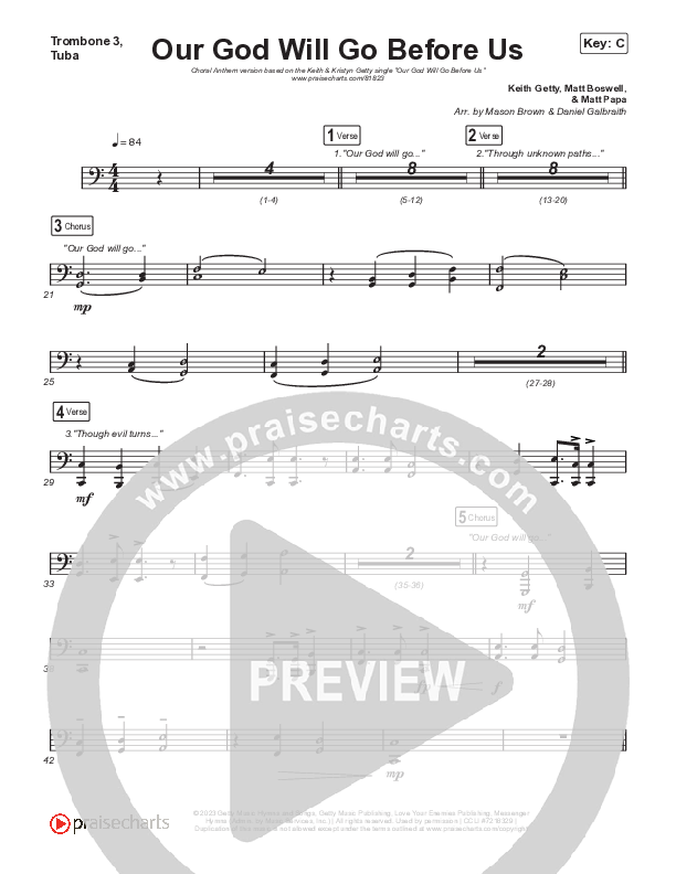 Our God Will Go Before Us (Choral Anthem SATB) Trombone 1,2 (Keith & Kristyn Getty / Matt Boswell / Matt Papa / Arr. Mason Brown)