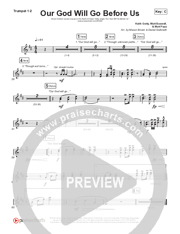Our God Will Go Before Us (Choral Anthem SATB) Trumpet 1,2 (Keith & Kristyn Getty / Matt Boswell / Matt Papa / Arr. Mason Brown)