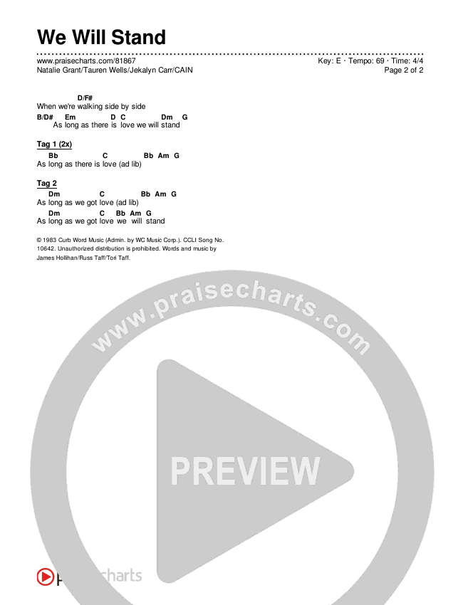 We Will Stand Chords & Lyrics (Natalie Grant / Tauren Wells / Jekalyn Carr / CAIN)