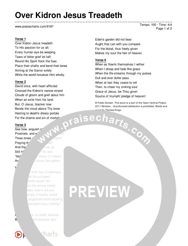 Over Kidron Jesus Treadeth Lyrics (Traditional Hymn)
