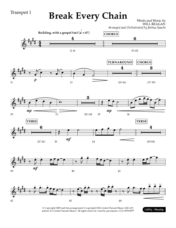 Break Every Chain (Choral Anthem SATB) Trumpet 1 (Lifeway Choral / Arr. Joshua Spacht)