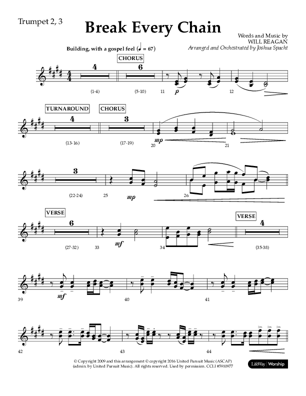 Break Every Chain (Choral Anthem SATB) Trumpet 2/3 (Lifeway Choral / Arr. Joshua Spacht)