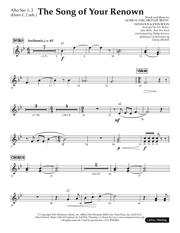 The Song Of Your Renown (Choral Anthem SATB) Alto Sax 1/2 (Lifeway Choral / Arr. Eric Belvin / Arr. John Bolin / Arr. Don Koch / Orch. Phillip Keveren / Orch. Danny Mitchell)