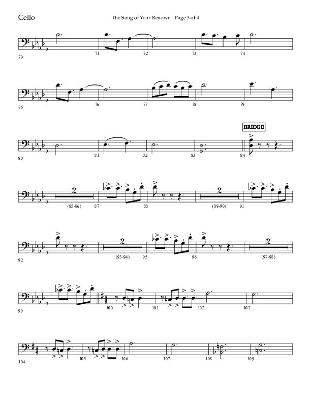 The Song Of Your Renown (Choral Anthem SATB) Cello (Lifeway Choral / Arr. Eric Belvin / Arr. John Bolin / Arr. Don Koch / Orch. Phillip Keveren / Orch. Danny Mitchell)