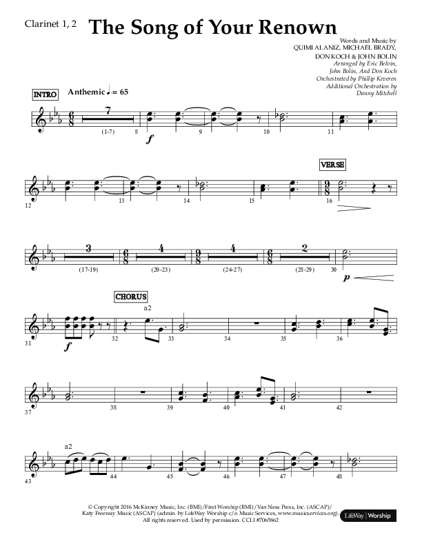The Song Of Your Renown (Choral Anthem SATB) Clarinet 1/2 (Lifeway Choral / Arr. Eric Belvin / Arr. John Bolin / Arr. Don Koch / Orch. Phillip Keveren / Orch. Danny Mitchell)