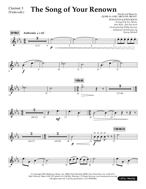 The Song Of Your Renown (Choral Anthem SATB) Clarinet 3 (Lifeway Choral / Arr. Eric Belvin / Arr. John Bolin / Arr. Don Koch / Orch. Phillip Keveren / Orch. Danny Mitchell)