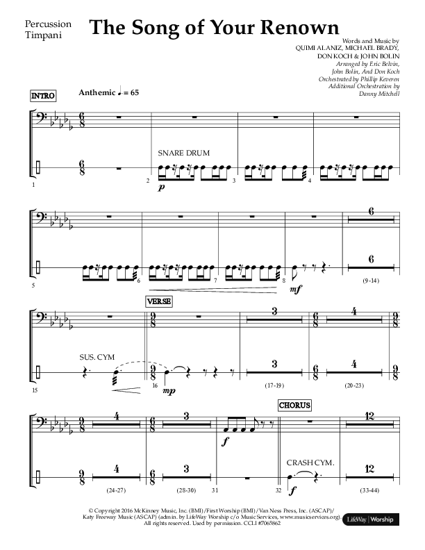 The Song Of Your Renown (Choral Anthem SATB) Percussion (Lifeway Choral / Arr. Eric Belvin / Arr. John Bolin / Arr. Don Koch / Orch. Phillip Keveren / Orch. Danny Mitchell)