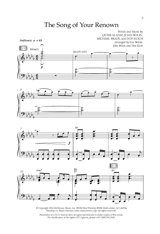 The Song Of Your Renown (Choral Anthem SATB) Anthem (SATB/Piano) (Lifeway Choral / Arr. Eric Belvin / Arr. John Bolin / Arr. Don Koch / Orch. Phillip Keveren / Orch. Danny Mitchell)