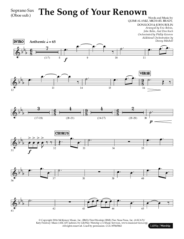 The Song Of Your Renown (Choral Anthem SATB) Soprano Sax (Lifeway Choral / Arr. Eric Belvin / Arr. John Bolin / Arr. Don Koch / Orch. Phillip Keveren / Orch. Danny Mitchell)
