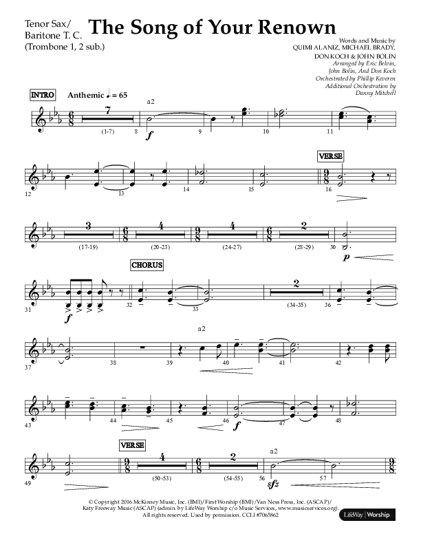 The Song Of Your Renown (Choral Anthem SATB) Tenor Sax/Baritone T.C. (Lifeway Choral / Arr. Eric Belvin / Arr. John Bolin / Arr. Don Koch / Orch. Phillip Keveren / Orch. Danny Mitchell)