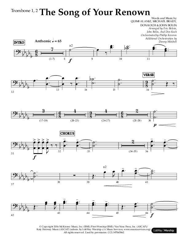 The Song Of Your Renown (Choral Anthem SATB) Trombone 1/2 (Lifeway Choral / Arr. Eric Belvin / Arr. John Bolin / Arr. Don Koch / Orch. Phillip Keveren / Orch. Danny Mitchell)