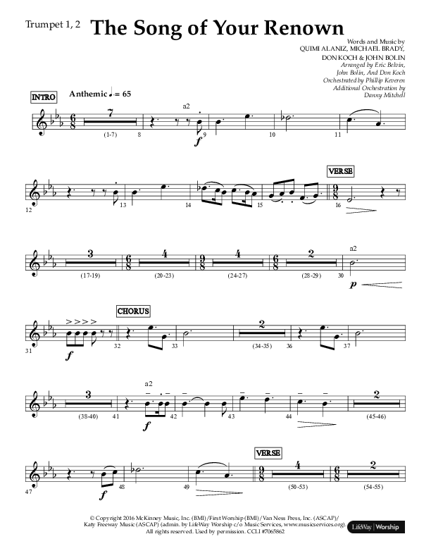 The Song Of Your Renown (Choral Anthem SATB) Trumpet 1,2 (Lifeway Choral / Arr. Eric Belvin / Arr. John Bolin / Arr. Don Koch / Orch. Phillip Keveren / Orch. Danny Mitchell)