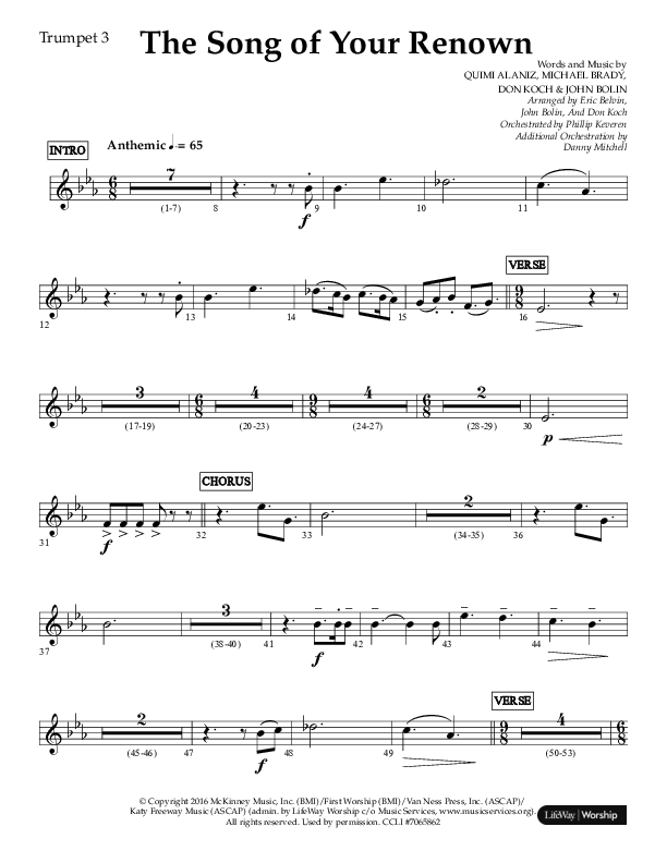The Song Of Your Renown (Choral Anthem SATB) Trumpet 3 (Lifeway Choral / Arr. Eric Belvin / Arr. John Bolin / Arr. Don Koch / Orch. Phillip Keveren / Orch. Danny Mitchell)