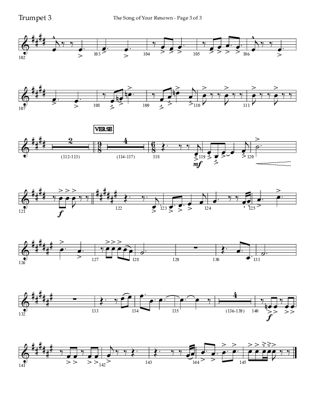The Song Of Your Renown (Choral Anthem SATB) Trumpet 3 (Lifeway Choral / Arr. Eric Belvin / Arr. John Bolin / Arr. Don Koch / Orch. Phillip Keveren / Orch. Danny Mitchell)