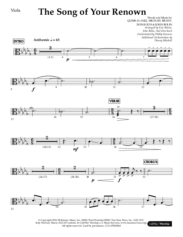 The Song Of Your Renown (Choral Anthem SATB) Viola (Lifeway Choral / Arr. Eric Belvin / Arr. John Bolin / Arr. Don Koch / Orch. Phillip Keveren / Orch. Danny Mitchell)