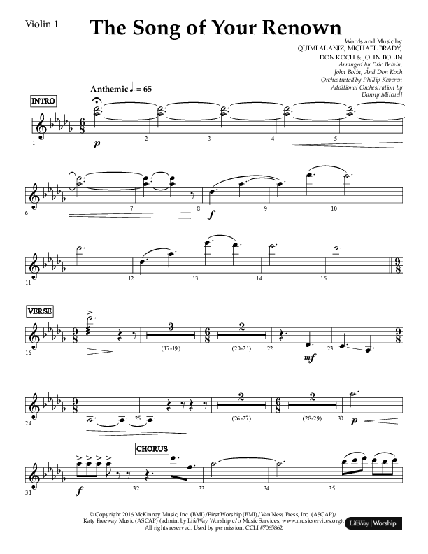 The Song Of Your Renown (Choral Anthem SATB) Violin 1 (Lifeway Choral / Arr. Eric Belvin / Arr. John Bolin / Arr. Don Koch / Orch. Phillip Keveren / Orch. Danny Mitchell)