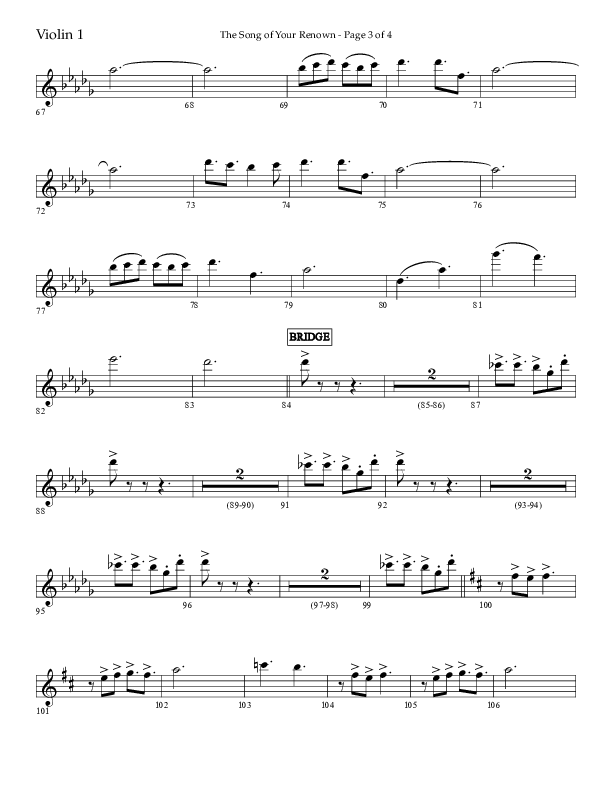 The Song Of Your Renown (Choral Anthem SATB) Violin 1 (Lifeway Choral / Arr. Eric Belvin / Arr. John Bolin / Arr. Don Koch / Orch. Phillip Keveren / Orch. Danny Mitchell)