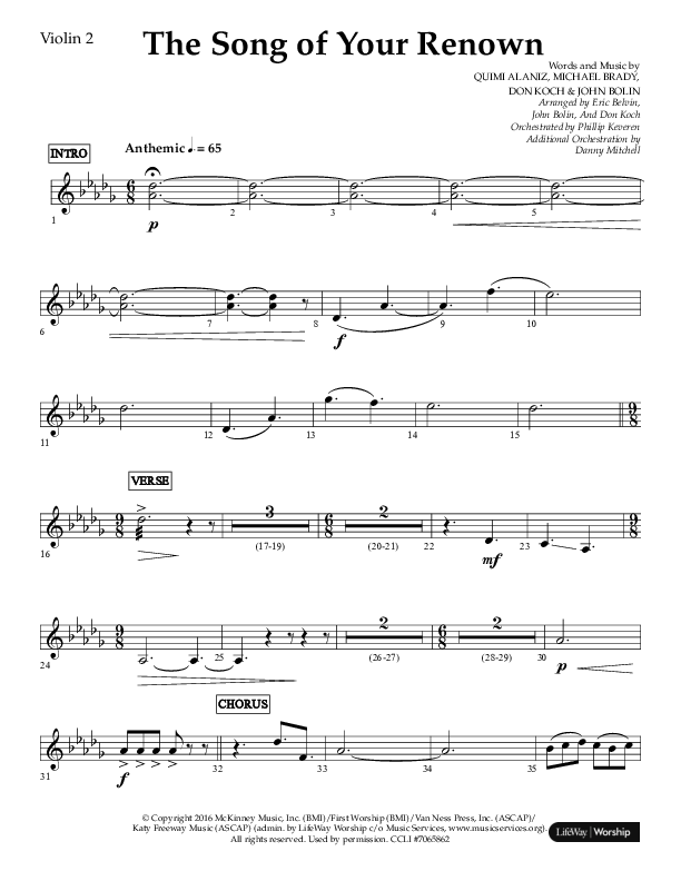 The Song Of Your Renown (Choral Anthem SATB) Violin 2 (Lifeway Choral / Arr. Eric Belvin / Arr. John Bolin / Arr. Don Koch / Orch. Phillip Keveren / Orch. Danny Mitchell)