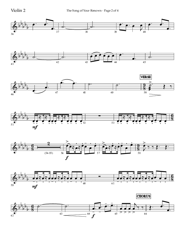 The Song Of Your Renown (Choral Anthem SATB) Violin 2 (Lifeway Choral / Arr. Eric Belvin / Arr. John Bolin / Arr. Don Koch / Orch. Phillip Keveren / Orch. Danny Mitchell)