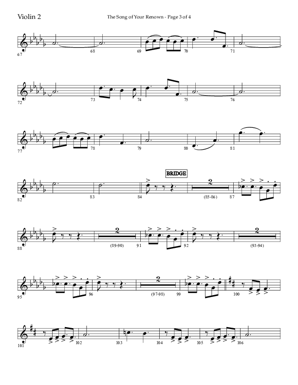 The Song Of Your Renown (Choral Anthem SATB) Violin 2 (Lifeway Choral / Arr. Eric Belvin / Arr. John Bolin / Arr. Don Koch / Orch. Phillip Keveren / Orch. Danny Mitchell)