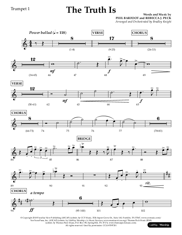 The Truth Is (Choral Anthem SATB) Trumpet 1 (Lifeway Choral / Arr. Bradley Knight)