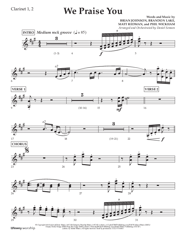 We Praise You (Choral Anthem SATB) Clarinet 1/2 (Lifeway Choral / Arr. Daniel Semsen)