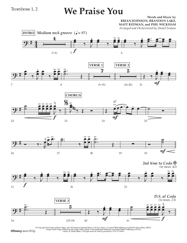 We Praise You (Choral Anthem SATB) Trombone 1/2 (Lifeway Choral / Arr. Daniel Semsen)