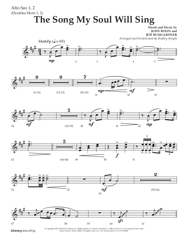 The Song My Soul Will Sing (Choral Anthem SATB) Alto Sax 1/2 (Lifeway Choral / Arr. Bradley Knight)