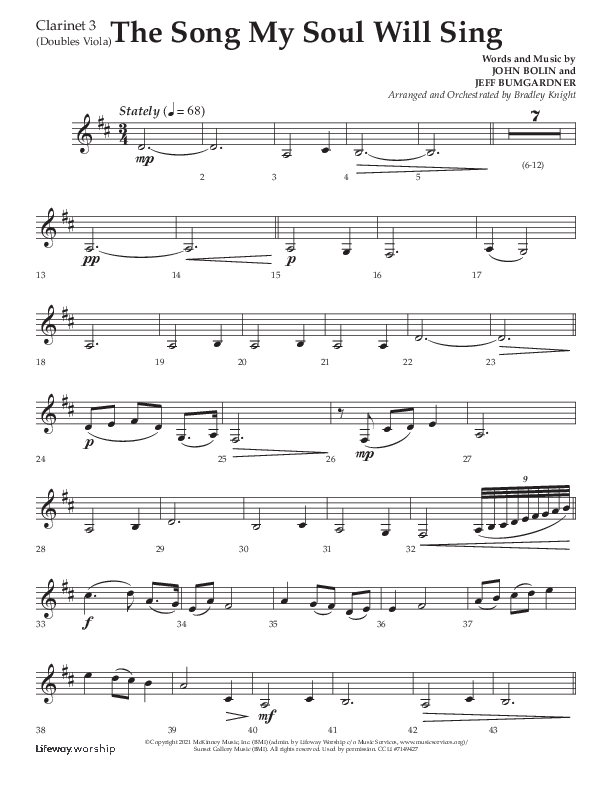 The Song My Soul Will Sing (Choral Anthem SATB) Clarinet 3 (Lifeway Choral / Arr. Bradley Knight)