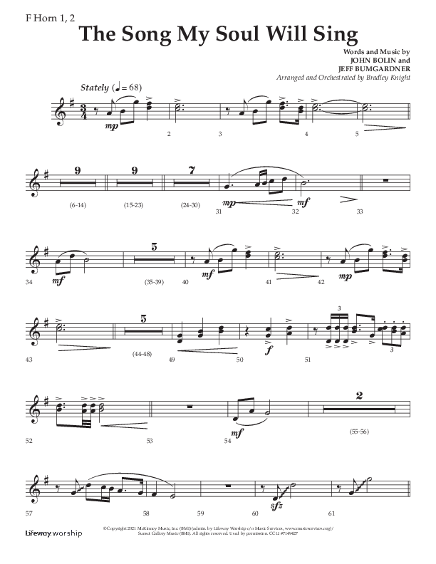 The Song My Soul Will Sing (Choral Anthem SATB) French Horn 1/2 (Lifeway Choral / Arr. Bradley Knight)