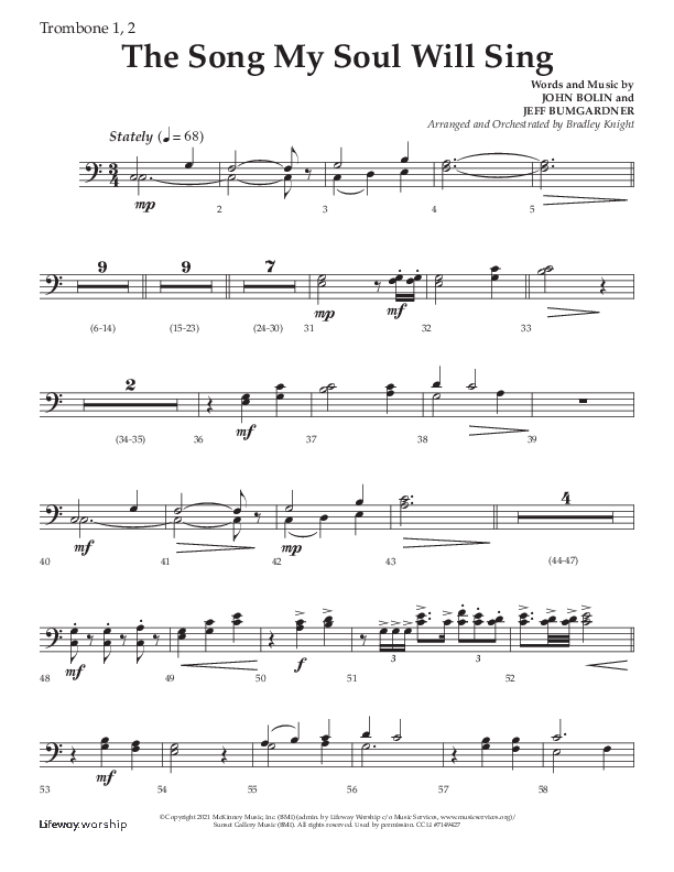 The Song My Soul Will Sing (Choral Anthem SATB) Trombone 1/2 (Lifeway Choral / Arr. Bradley Knight)