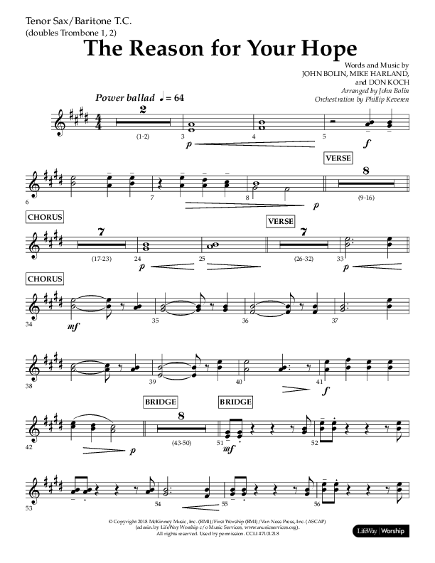 The Reason For Your Hope (Choral Anthem SATB) Tenor Sax/Baritone T.C. (Lifeway Choral / Arr. John Bolin / Orch. Phillip Keveren)