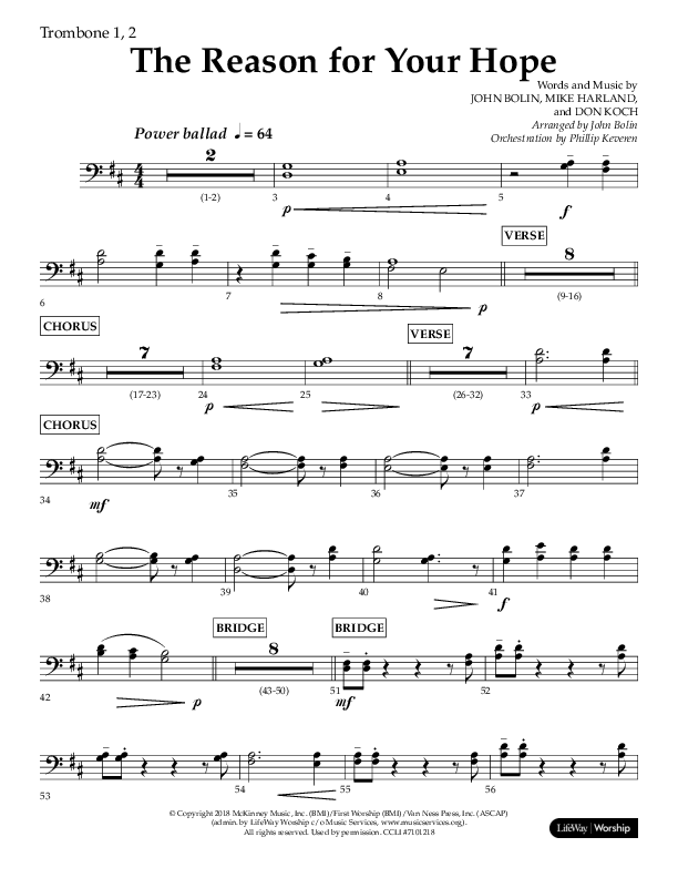 The Reason For Your Hope (Choral Anthem SATB) Trombone 1/2 (Lifeway Choral / Arr. John Bolin / Orch. Phillip Keveren)